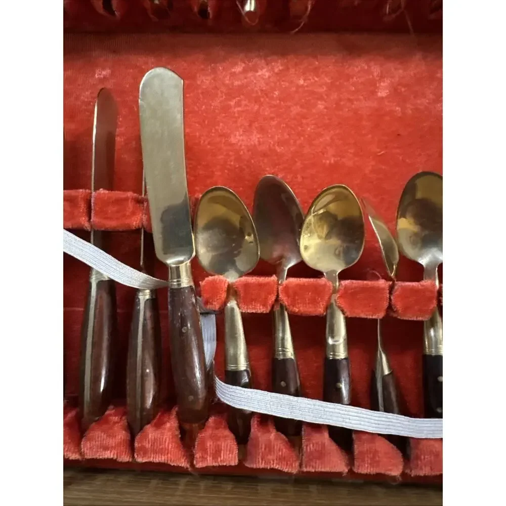Vintage Thai Brass and Rosewood Flatware Set In Box - Svc for Twelve 142 PC READ
